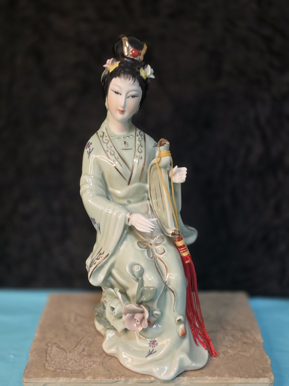 Vintage Celadon Green Porcelain Figurine with Red Tassel - Elegant Home Accent